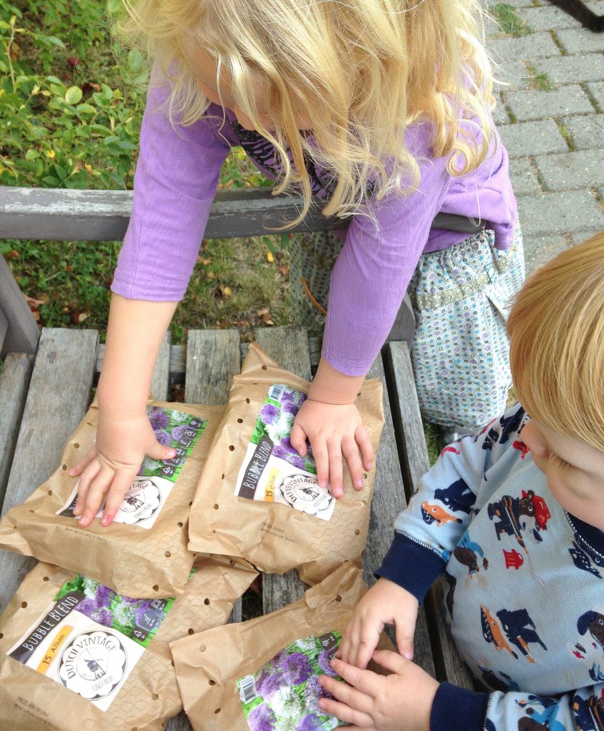 Børn ser på prydløg Bubble Blend blomsterløg